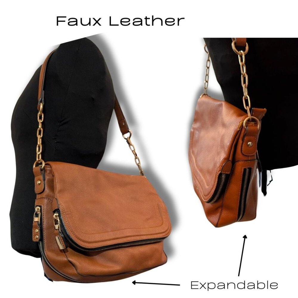 Cognac Faux Leather Expandable Shoulder Bag - Gold Chain Strap & Patterned Linin